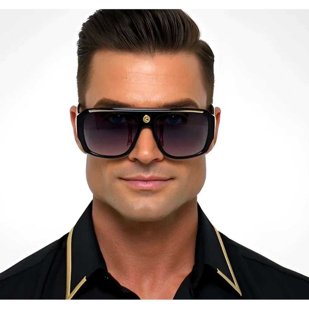 Men‎ Sunglasses Gradient Black Lens Gold Top Bar UV400 Protection Cholo Gangster
